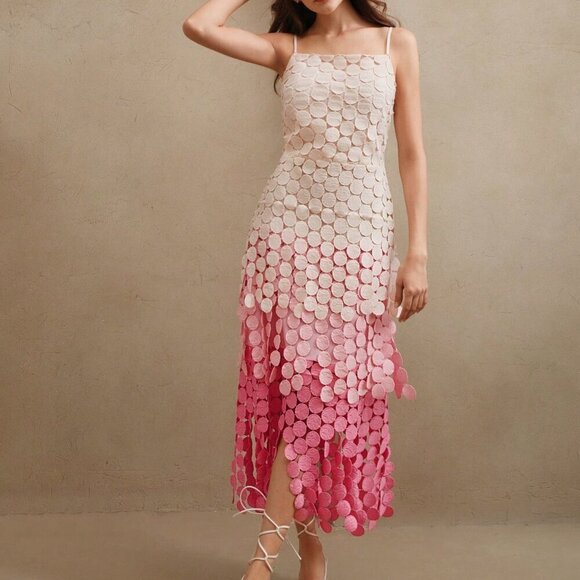 Pink Elegant Women's Round Tassel Hollow Out Embroidery High Waist Slip Dress - Picture 3 of 8